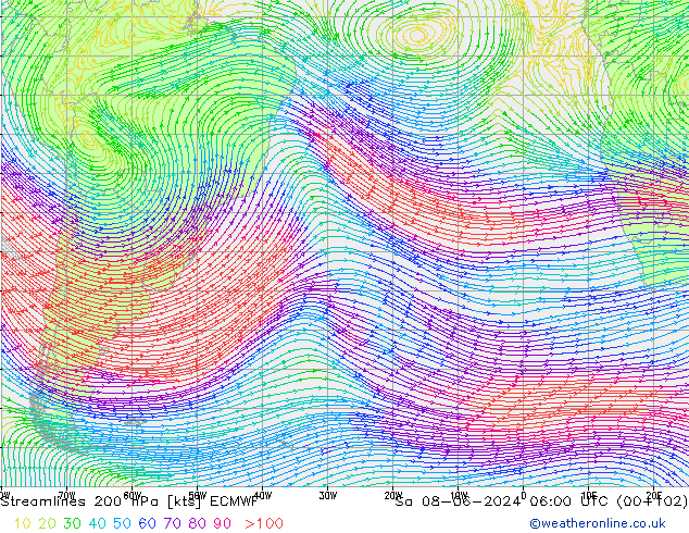 Streamlines 200 hPa ECMWF Sa 08.06.2024 06 UTC