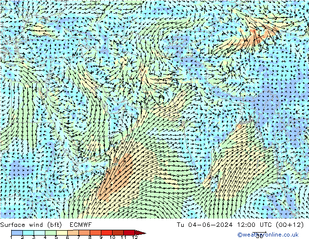 Surface wind (bft) ECMWF Tu 04.06.2024 12 UTC