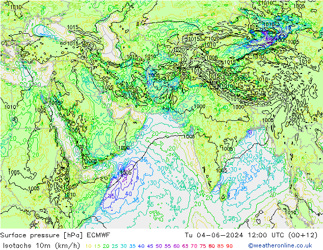 10米等风速线 (kph) ECMWF 星期二 04.06.2024 12 UTC