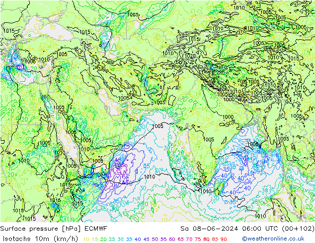 Isotachs (kph) ECMWF So 08.06.2024 06 UTC