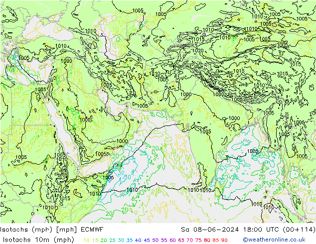 Isotachen (mph) ECMWF za 08.06.2024 18 UTC