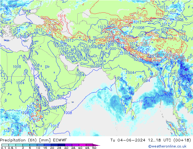 Precipitation (6h) ECMWF Tu 04.06.2024 18 UTC