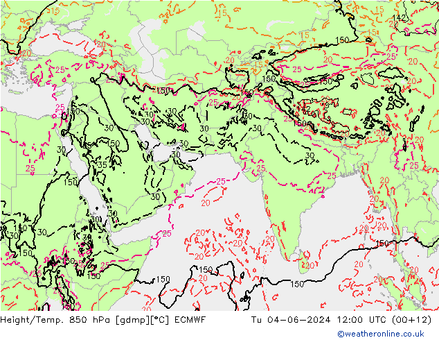 Height/Temp. 850 hPa ECMWF 星期二 04.06.2024 12 UTC