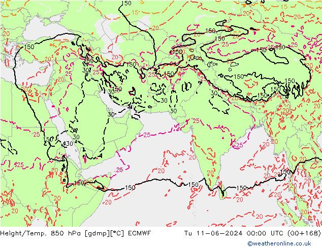 Géop./Temp. 850 hPa ECMWF mar 11.06.2024 00 UTC