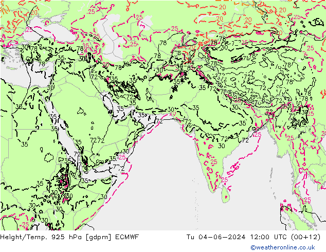 Height/Temp. 925 hPa ECMWF Tu 04.06.2024 12 UTC