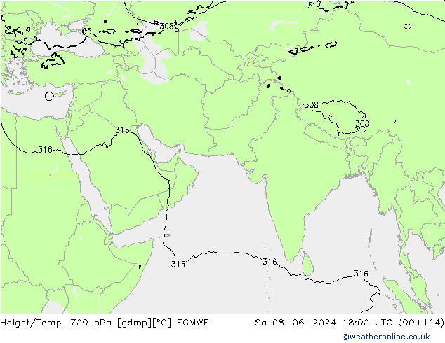 Hoogte/Temp. 700 hPa ECMWF za 08.06.2024 18 UTC