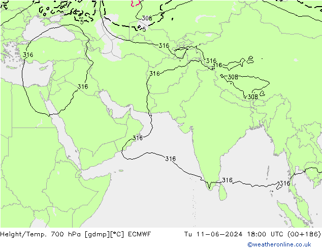 Height/Temp. 700 hPa ECMWF  11.06.2024 18 UTC