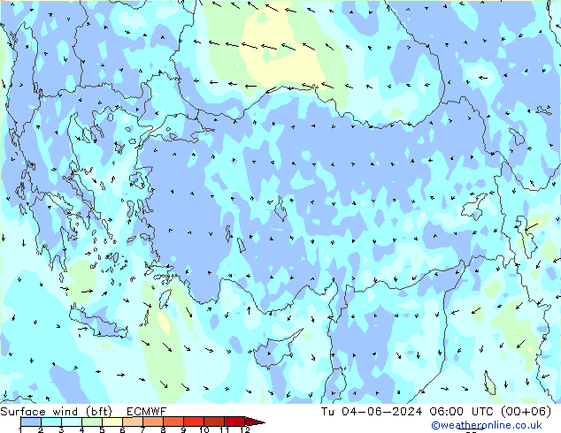 Viento 10 m (bft) ECMWF mar 04.06.2024 06 UTC