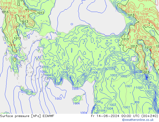 Presión superficial ECMWF vie 14.06.2024 00 UTC