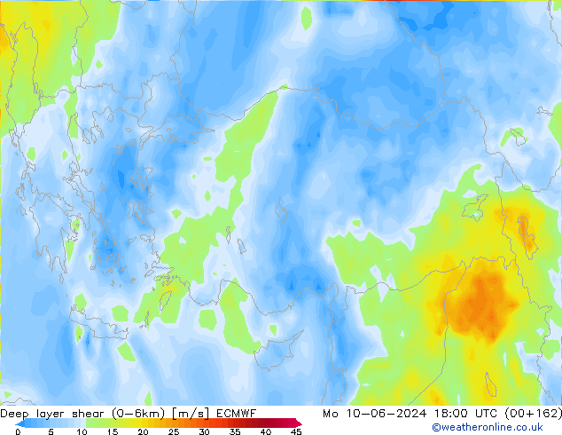 Deep layer shear (0-6km) ECMWF Po 10.06.2024 18 UTC