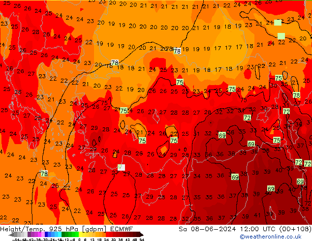 Yükseklik/Sıc. 925 hPa ECMWF Cts 08.06.2024 12 UTC