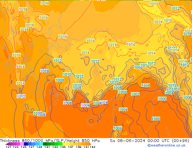 Dikte 850-1000 hPa ECMWF za 08.06.2024 00 UTC