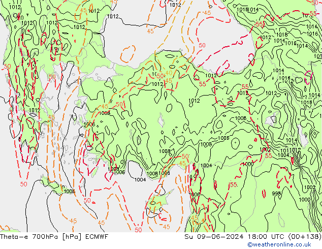 Theta-e 700hPa ECMWF dom 09.06.2024 18 UTC