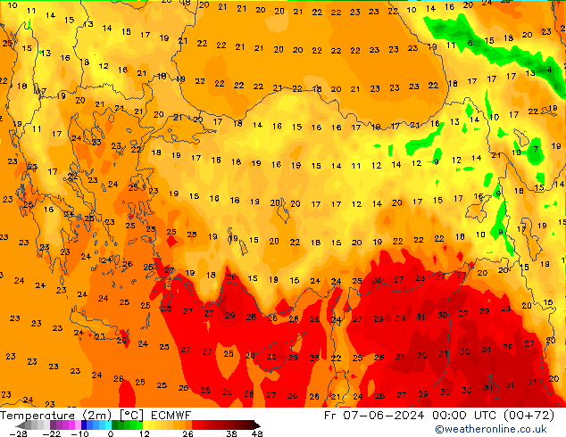 Temperature (2m) ECMWF Fr 07.06.2024 00 UTC