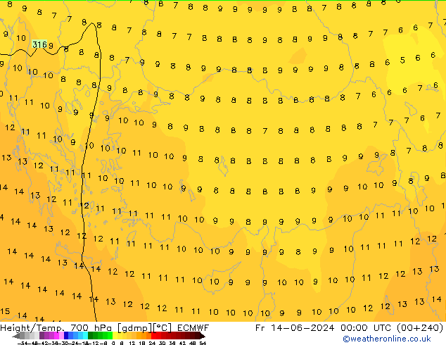 Height/Temp. 700 гПа ECMWF пт 14.06.2024 00 UTC