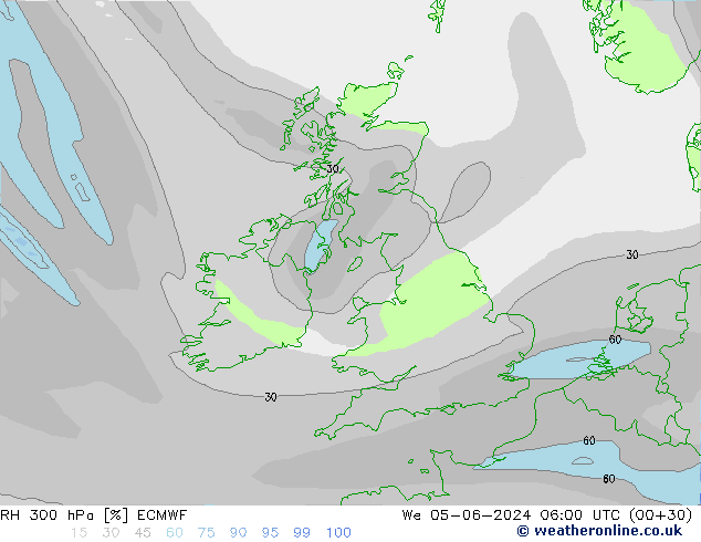 RH 300 hPa ECMWF We 05.06.2024 06 UTC