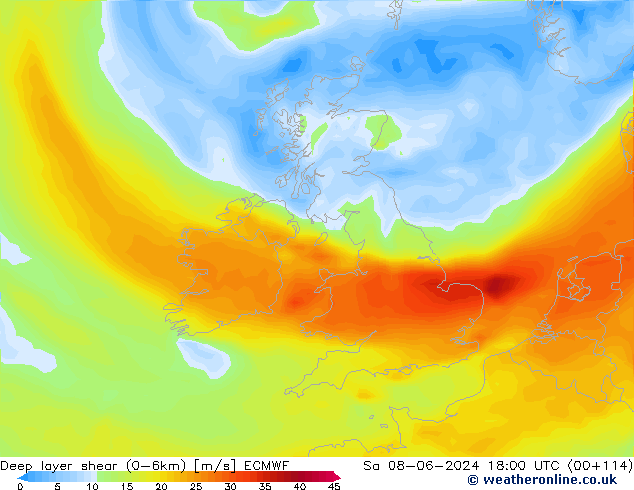 Deep layer shear (0-6km) ECMWF za 08.06.2024 18 UTC