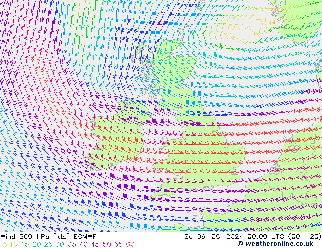 Wind 500 hPa ECMWF Su 09.06.2024 00 UTC