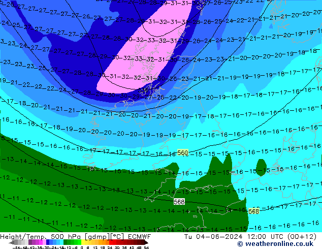 Height/Temp. 500 hPa ECMWF Tu 04.06.2024 12 UTC