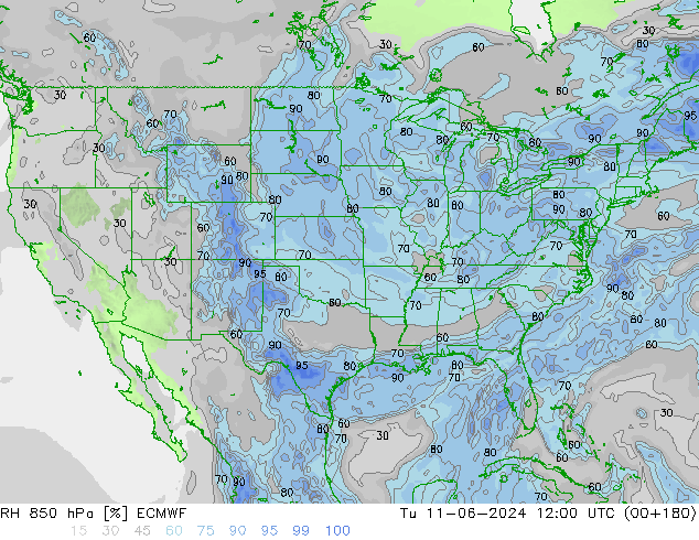 RH 850 hPa ECMWF Tu 11.06.2024 12 UTC