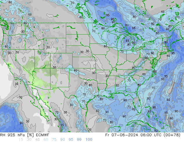 RH 925 гПа ECMWF пт 07.06.2024 06 UTC