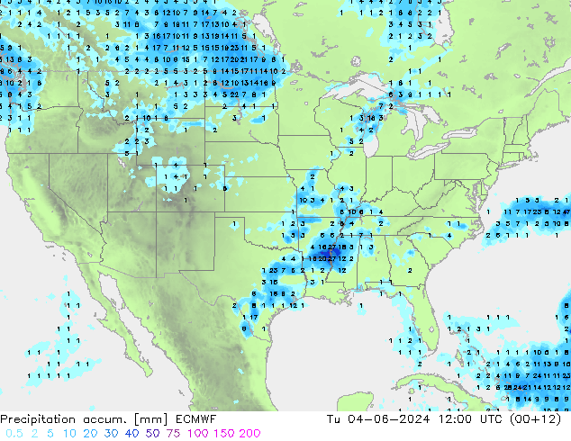 Precipitation accum. ECMWF Tu 04.06.2024 12 UTC