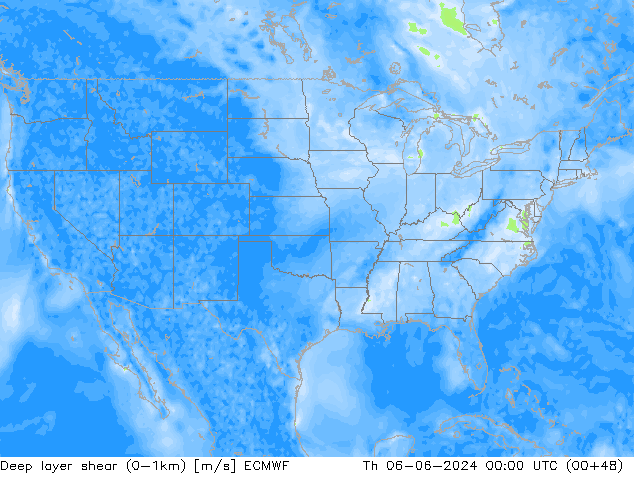 Deep layer shear (0-1km) ECMWF jue 06.06.2024 00 UTC