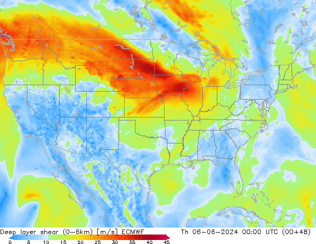 Deep layer shear (0-6km) ECMWF czw. 06.06.2024 00 UTC