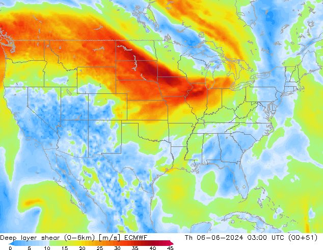 Deep layer shear (0-6km) ECMWF Th 06.06.2024 03 UTC