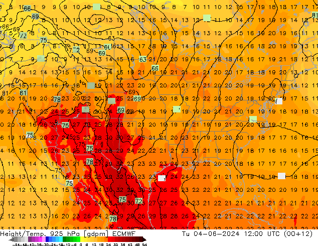 Height/Temp. 925 hPa ECMWF Tu 04.06.2024 12 UTC