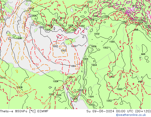 Theta-e 850hPa ECMWF Dom 09.06.2024 00 UTC