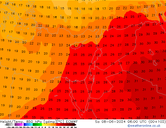 Hoogte/Temp. 850 hPa ECMWF za 08.06.2024 06 UTC