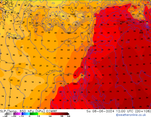 SLP/Temp. 850 hPa ECMWF za 08.06.2024 12 UTC