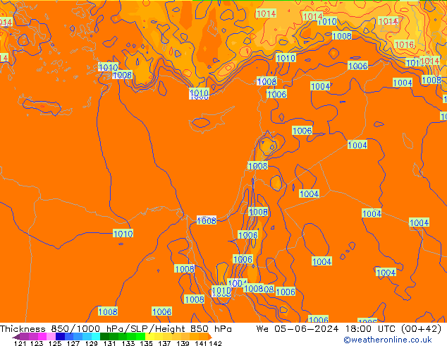 Dikte 850-1000 hPa ECMWF wo 05.06.2024 18 UTC