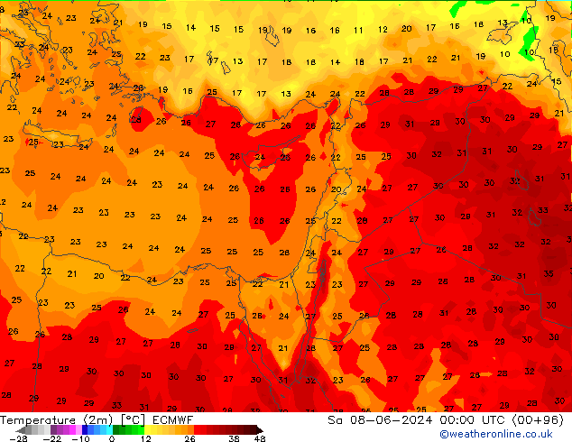 mapa temperatury (2m) ECMWF so. 08.06.2024 00 UTC