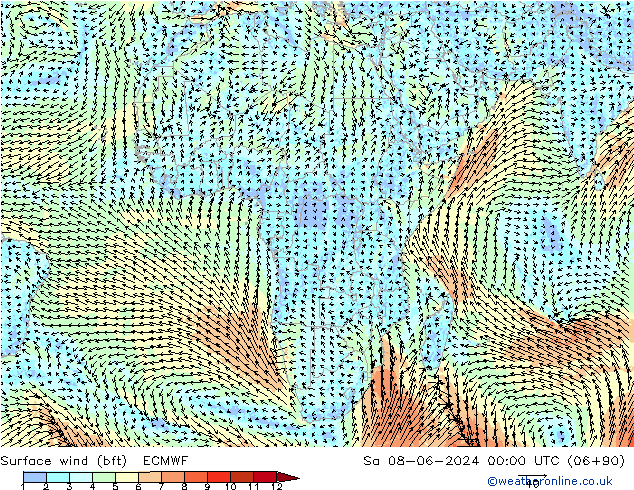 Wind 10 m (bft) ECMWF za 08.06.2024 00 UTC