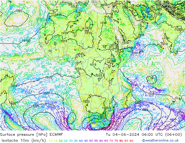 Isotachs (kph) ECMWF mar 04.06.2024 06 UTC