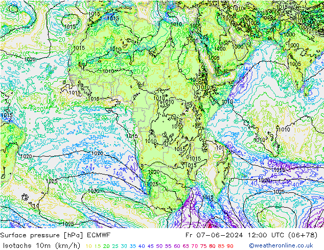 Isotachs (kph) ECMWF ven 07.06.2024 12 UTC