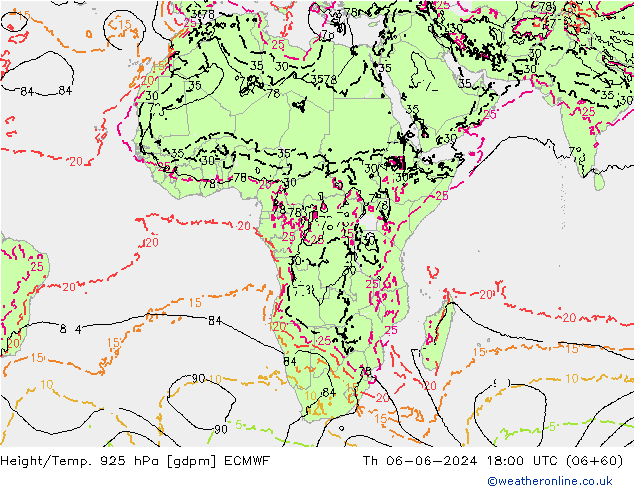 Height/Temp. 925 hPa ECMWF Th 06.06.2024 18 UTC