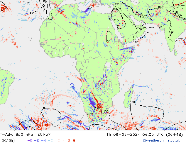 T-Adv. 850 hPa ECMWF Qui 06.06.2024 06 UTC