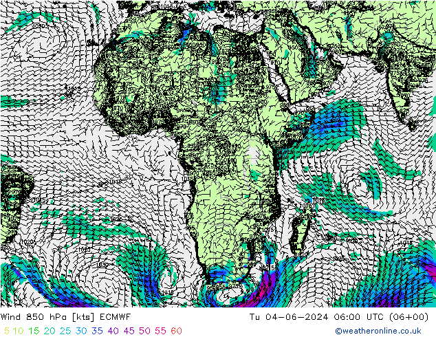 Wind 850 hPa ECMWF Tu 04.06.2024 06 UTC