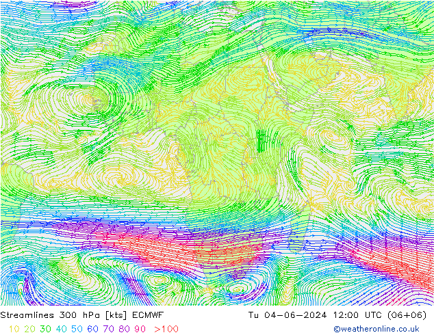 Streamlines 300 hPa ECMWF Tu 04.06.2024 12 UTC