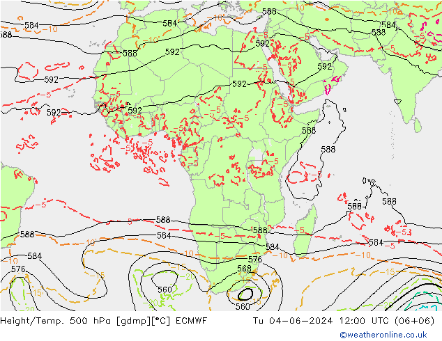 Z500/Rain (+SLP)/Z850 ECMWF Út 04.06.2024 12 UTC