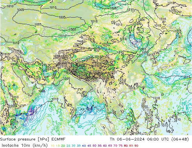 Isotachs (kph) ECMWF Th 06.06.2024 06 UTC