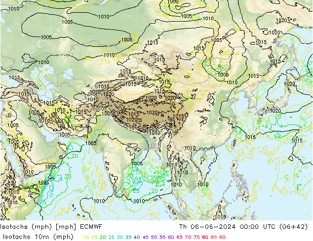 Isotachs (mph) ECMWF Th 06.06.2024 00 UTC