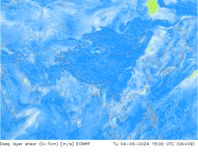 Deep layer shear (0-1km) ECMWF Tu 04.06.2024 15 UTC