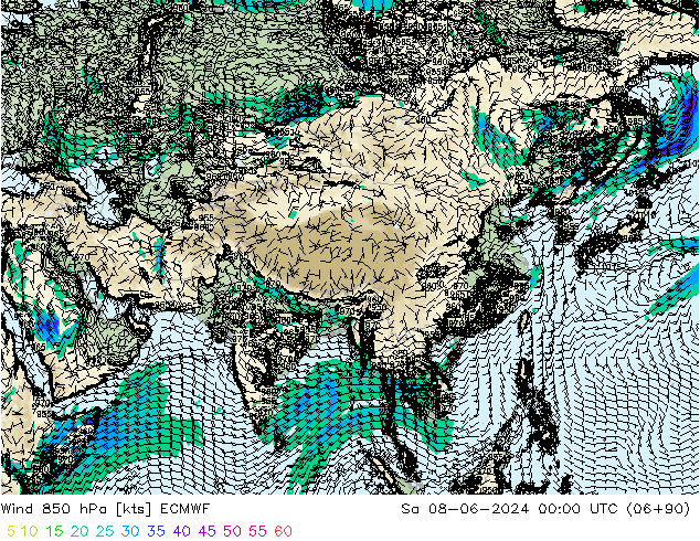 Viento 850 hPa ECMWF sáb 08.06.2024 00 UTC