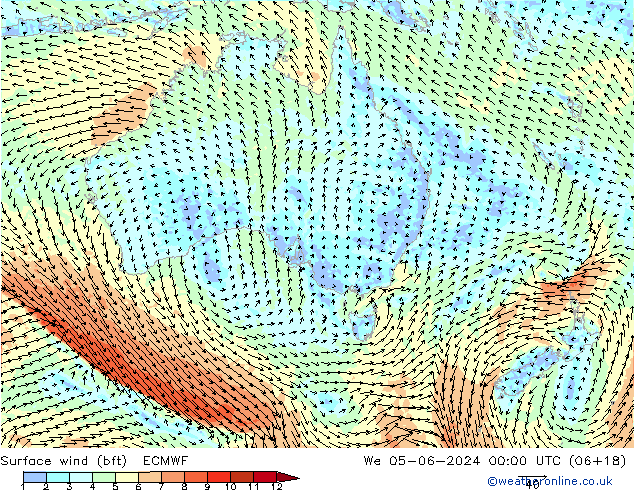 Bodenwind (bft) ECMWF Mi 05.06.2024 00 UTC