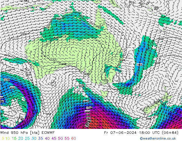 Rüzgar 950 hPa ECMWF Cu 07.06.2024 18 UTC