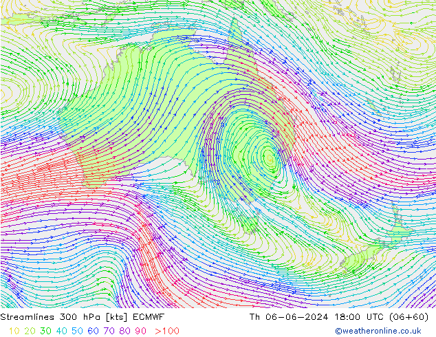 Linia prądu 300 hPa ECMWF czw. 06.06.2024 18 UTC